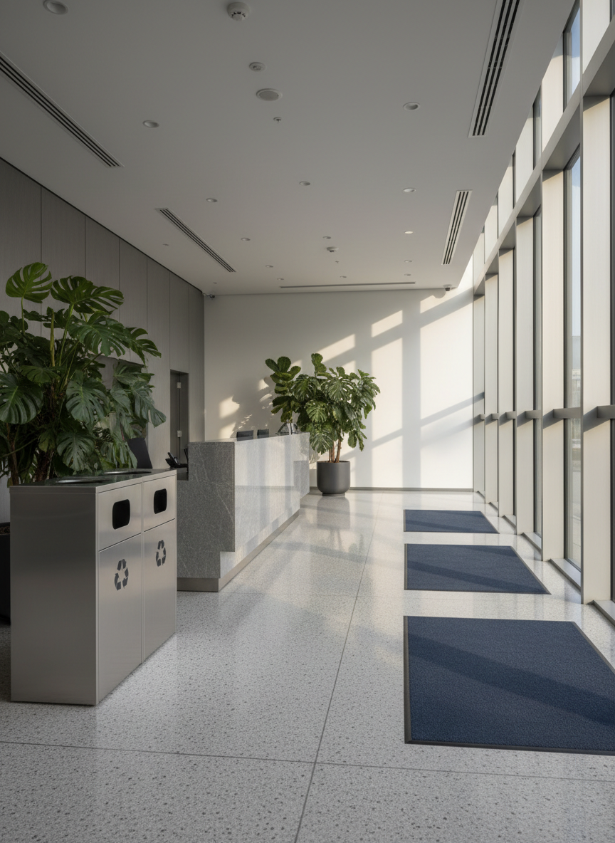 A meticulously maintained modern office lobby, featuring a gleaming terrazzo floor with subtle gray flecks and a row of neatly arranged dark blue entry mats aligned perfectly along a glass storefront. A stainless-steel waste and recycling station stands spotless near a polished stone reception desk, while a cluster of leafy indoor plants in matte charcoal planters softens the space. Late afternoon natural light filters through tall windows, casting soft reflections on the floor and glass. Photographic realism, captured from an eye-level angle with a wide lens to show depth and order, emphasizing cleanliness, professionalism, and an inviting, well-managed environment suitable for a facilities management homepage hero image.